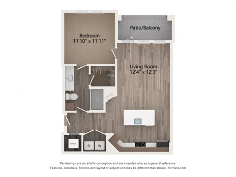 Floor plan for 1 bed, 1 bath, 774 sqft